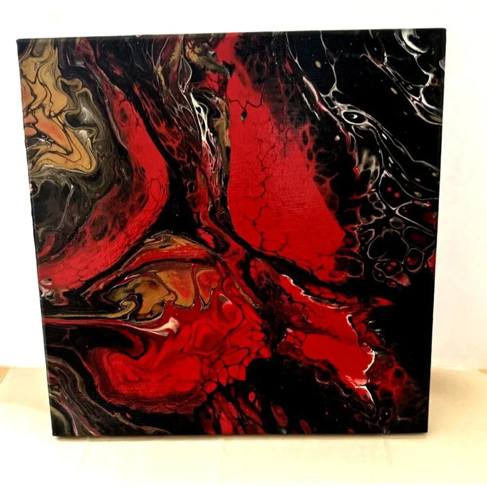 Original Handmade Acrylic Pour Art Painting Black Red 12"x12" - Picture 2 of 5